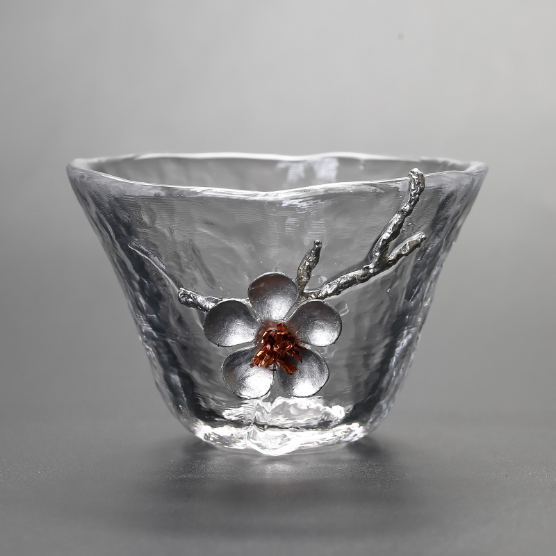 玻璃品茗杯日式透明创意主人杯镶锡梅花个性手工功夫茶单杯小茶碗