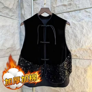 高档气质复古时尚 上衣 盘扣马甲洋气宽松显瘦提花刺绣马夹坎肩短袖