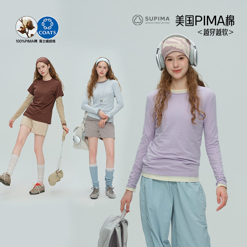 2025秋冬瑜伽服女美国PIMA匹马棉运动长袖T恤圆领宽松休闲健身服