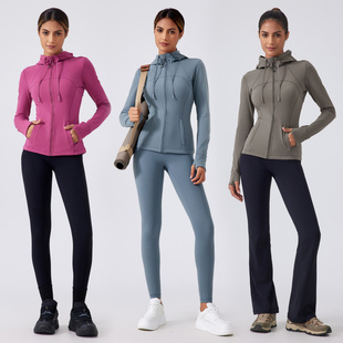 新品 裸感加绒瑜伽服外套女跑步运动显瘦紧身连帽健身服上衣