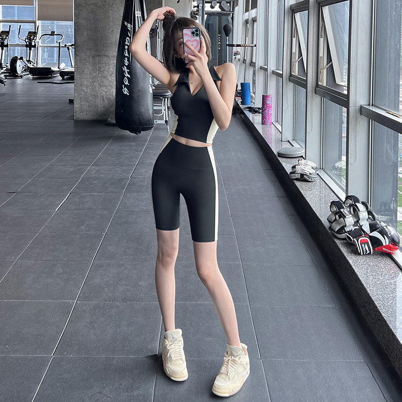 2025跨境拼色瑜伽服套装女挂脖快