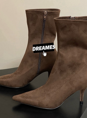 2025新款牛皮尖头细跟高跟鞋女黑色法式弹力靴包邮羊皮女靴侧拉链