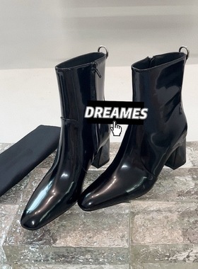 2025新款牛皮方头粗跟短靴女时装靴后拉链女靴子走秀款靴子开边珠