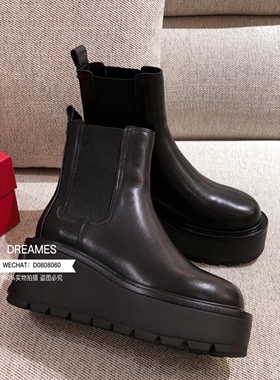 头层牛皮厚底坡跟增高短靴女裸靴包邮松紧口女走秀款2025秋冬新款