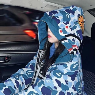 ins迷彩鲨鱼卫衣男oversize宽松潮牌设计感小众嘻哈连帽开衫外套