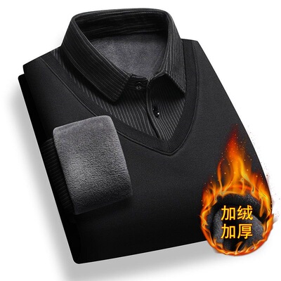 潮牌假两件针织翻领加绒毛衣