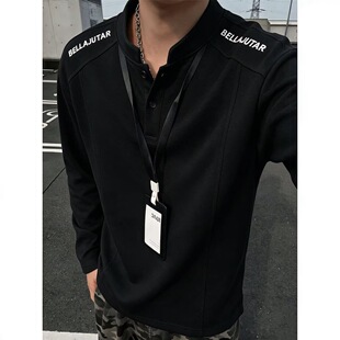 黑色亨利领正肩长袖t恤男秋季刺绣拼接立领卫衣男式痞帅风polo衫