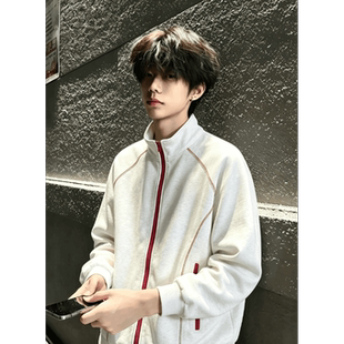 白花灰哈苏线立领开衫卫衣男款秋季运动美式棒球服短款夹克外套潮