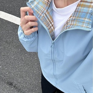 立领外套男女同款 美式 宽松百搭休闲 外穿情侣夹克新款 格子外套秋季