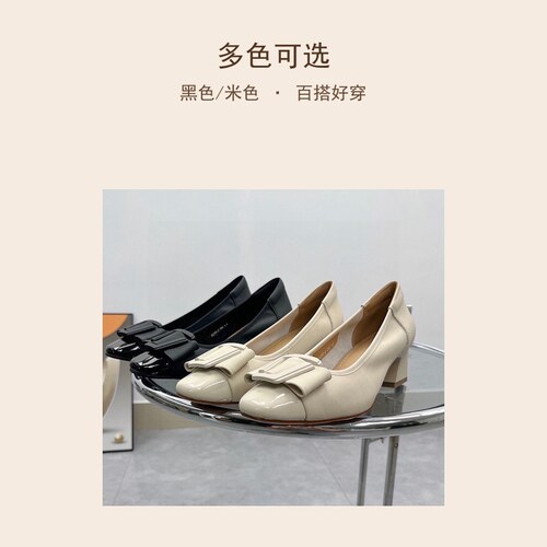 2026秋款专柜正品头层牛皮圆头方扣粗跟浅口职业通勤女单鞋不累脚