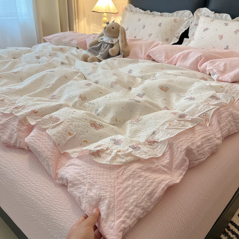 韩版新款亲肤棉四件套花边卡哇伊泡芙棉被套纯色床单1.5m三件套
