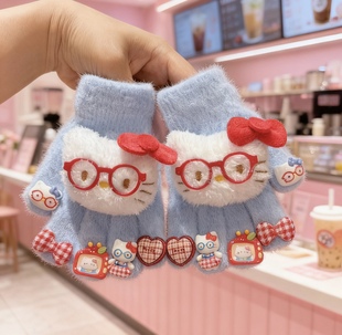 新款卡通kitty猫儿童手套女童秋冬季五指套加绒保暖分指半指毛绒