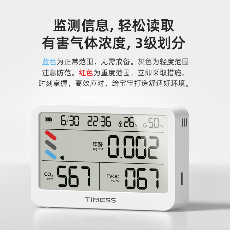 TIMESS温湿度计室内家用空气质量监测甲醛tvoc二氧化碳气体检测仪