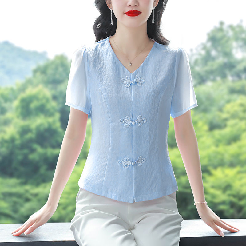 国风盘扣衬衫女短袖2025夏季新款提花新中式气质洋气上衣显瘦小衫