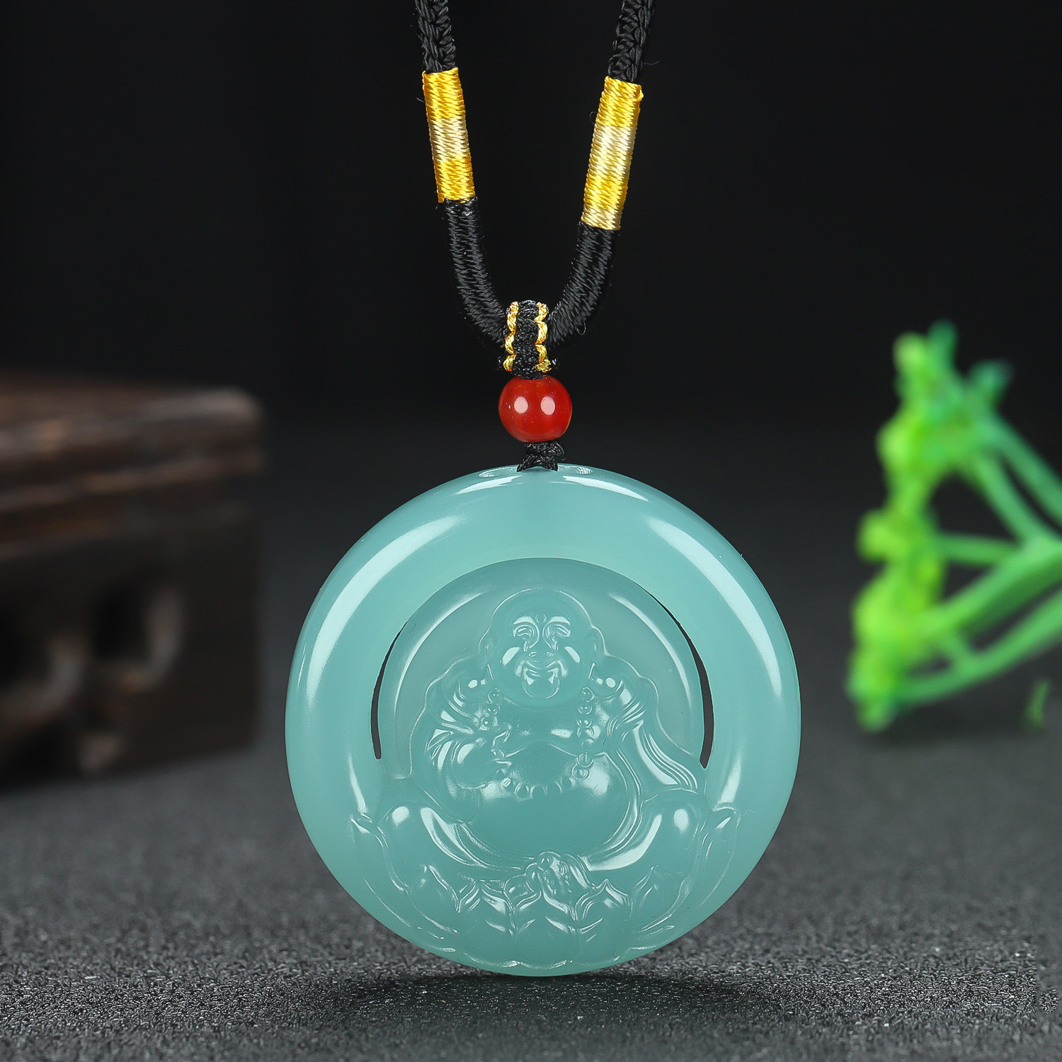 和田玉晴水绿镂空弥勒佛吊坠新疆玉且末蓝笑佛大肚佛挂件佛公玉佩
