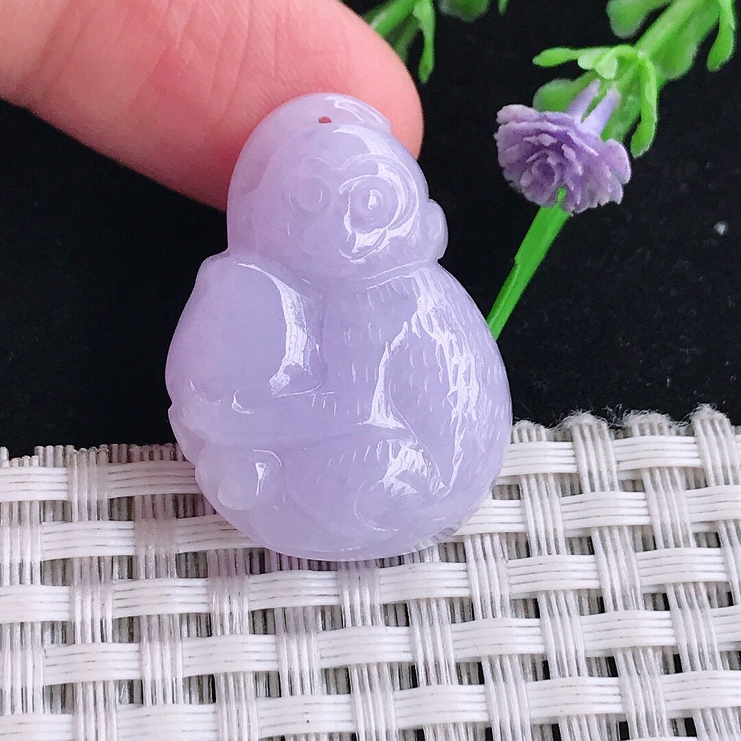 自然光29.8/22/7.3老坑秀气浓艳紫罗兰灵猴献寿猴子吊坠翡翠玉坠
