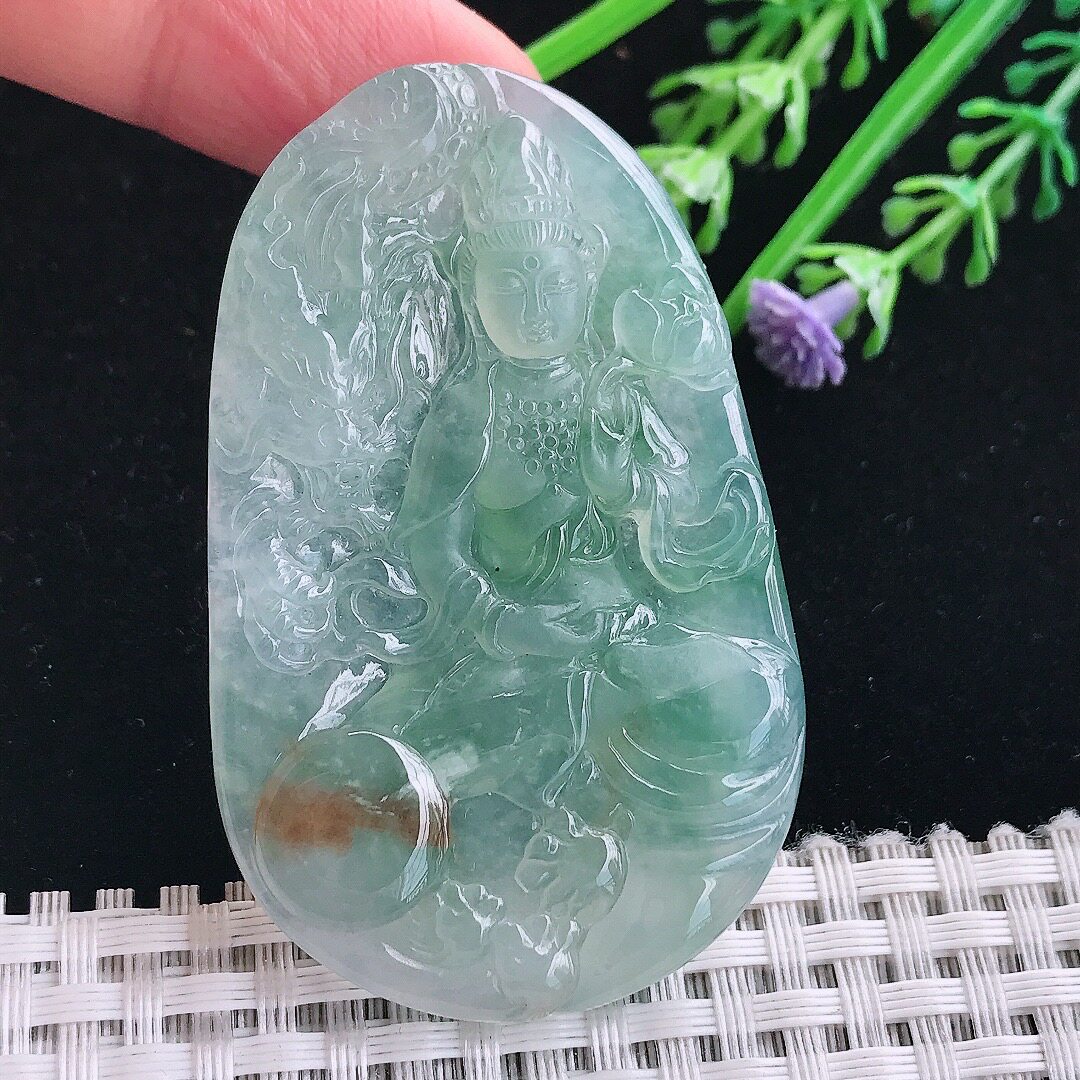 实拍A货翡翠60/37.8/6老坑冰透果冻胶冰晴御龙观音吊坠翡翠玉观音