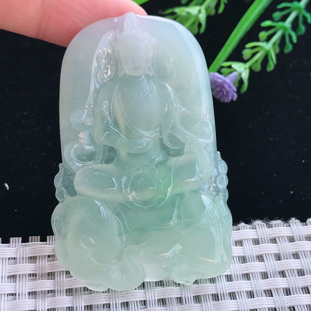 实拍A货翡翠62/41.2/6老坑冰胶果冻冰晴绿普贤菩萨吊坠翡翠挂件
