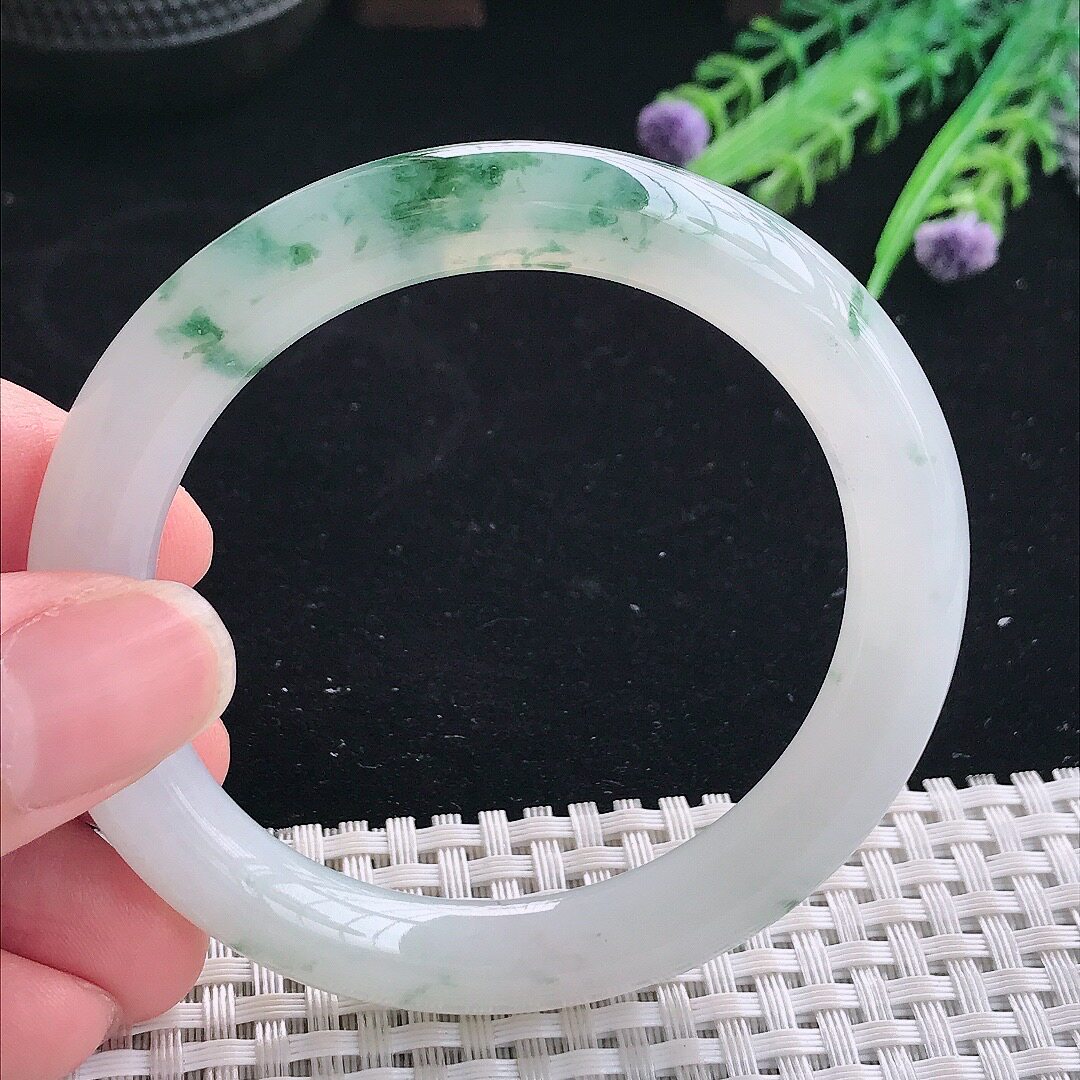 A货翡翠53.5/9/9.3老坑冰胶果冻冰飘花圆条手镯翡翠玉镯平安镯