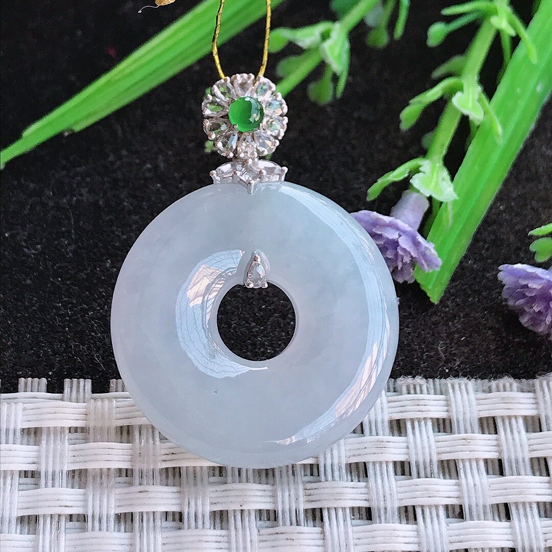 A货翡翠25.6/5.7老坑18k金镶嵌冰胶淡紫罗兰平安扣吊坠翡翠挂件