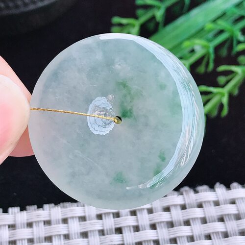实拍A货翡翠33.8/5.9老坑冰透起胶冰飘花平安扣吊坠翡翠玉坠挂件