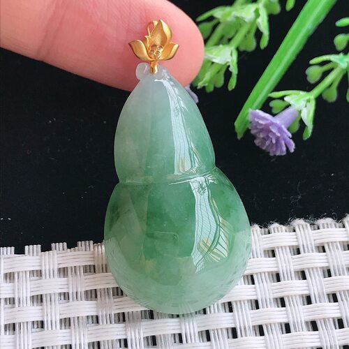 实拍A货翡翠39/23/9老坑18k金镶嵌冰胶飘花葫芦吊坠翡翠挂件