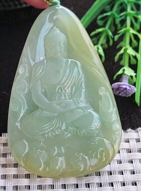 A货翡翠62.3/40.6/5.8老坑冰胶水灵特色黄翡吊坠翡翠如来佛祖
