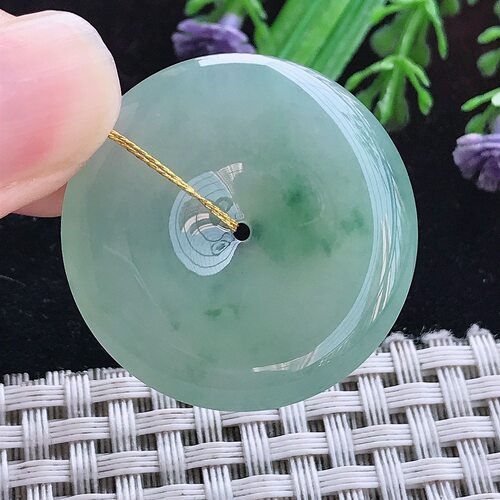 实拍A货翡翠32.5/5.5老坑冰胶晴绿飘花平安扣吊坠翡翠玉扣挂件