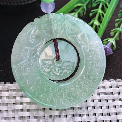 A货翡翠53.8/6.6老坑冰胶水灵冰晴甜绿仿古平安扣吊坠翡翠挂件