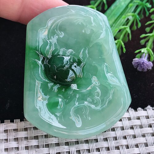 实拍A货翡翠56.3/46.5/7.3老坑冰胶晴绿花开富贵吊坠翡翠玉坠挂件