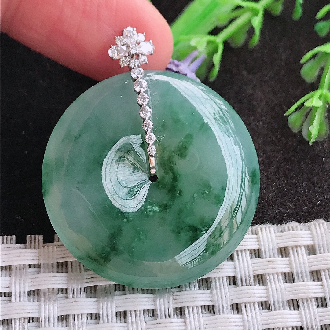 天然A货翡翠32.2/6.3老坑18k金镶嵌起胶冰飘花平安扣吊坠翡翠玉