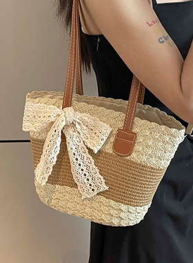 海边度假包包女2026新款春夏时尚超火单肩包手工编织菜篮子草编包