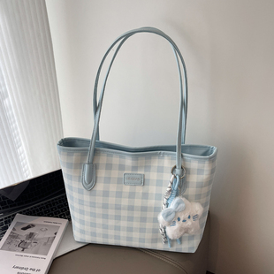 百搭单肩包大容量爆款 流行时尚 托特包 2025新款 格子通勤包包女式