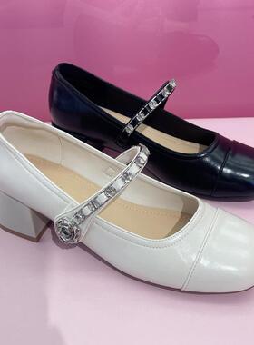 DFNI中跟玛丽珍鞋女2025春季新款一字带法式浅口单鞋子圆头皮鞋