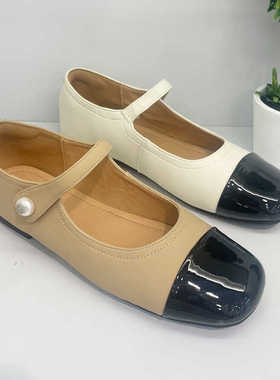 DFNI单鞋女鞋粗跟低跟2024新款玛丽珍漆皮黑白拼色一字带小皮鞋