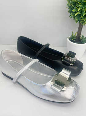 DFNI玛丽珍女鞋2024新款浅口法式粗跟单鞋女银色复古低跟小皮鞋