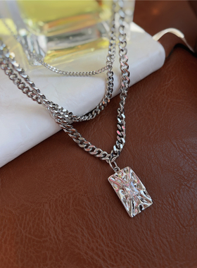 法式简约精致闪钻吊坠双层古巴项链小众设计欧美高街轻奢锁骨链女