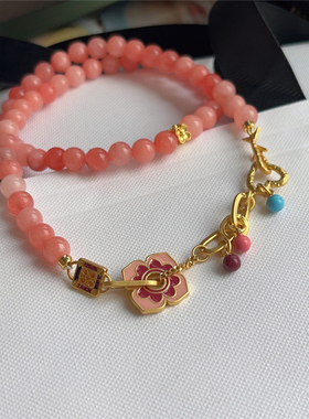 新中式国风彩色珐琅粉晶锁骨链复古高级感气质百搭古风招桃花项链