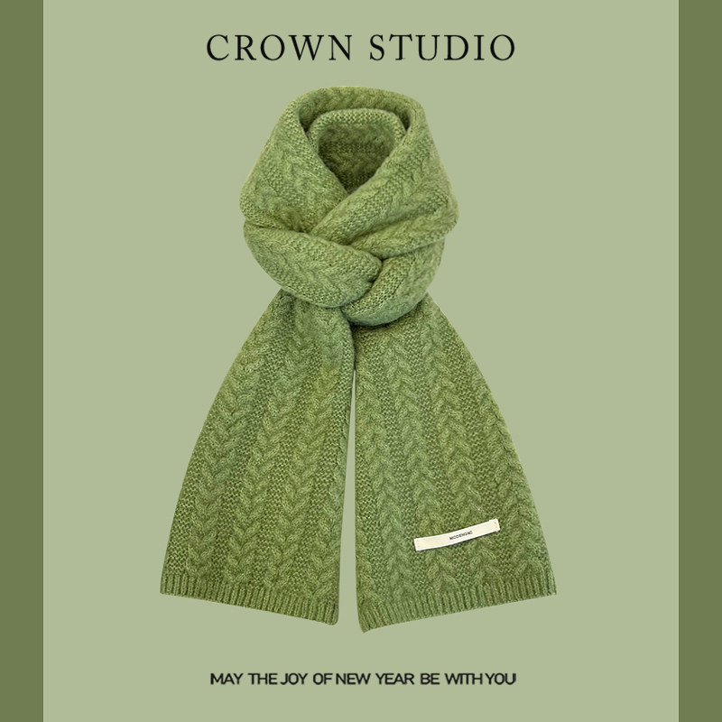 牛油果绿针织毛线围巾女秋冬季韩版百搭保暖加厚纯色学生麻花围脖