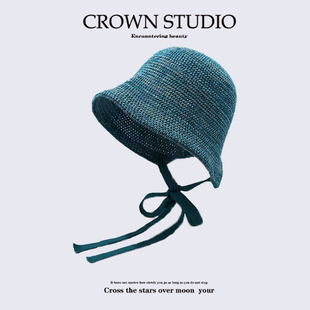 倪妮同款黑色帽子日本大头围渔夫帽女系带百搭盆帽显脸小遮阳防晒