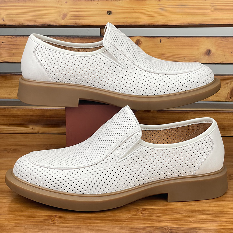 甘稻风男士商务休闲皮鞋真皮头层牛皮软面软底镂空透气白色皮鞋男