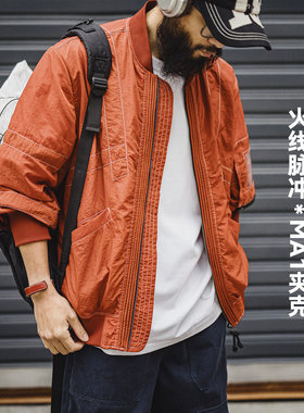 马登工装美式明线轰炸机夹克bomber飞行员外套薄款红色棒球服男春