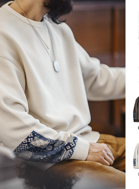 马登工装日系复古百家布拼接卫衣boro风休闲上衣圆领套头衫男秋季