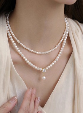 天然珍珠项链女光泽双层叠戴轻奢小众设计感锁骨链气质优雅女士