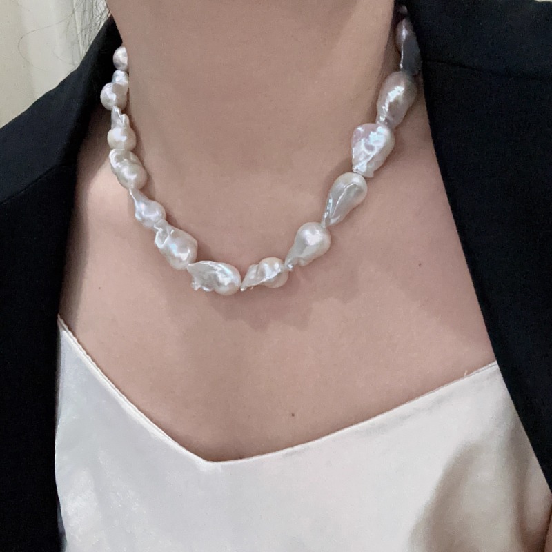 天然淡水珍珠项链巴洛克异形大颗粒锁骨链S925纯银扣精致百搭复古