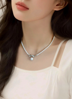 小众设计感天然淡水珍珠项链女轻奢锁骨链毛衣链蝴蝶结吊坠颈链