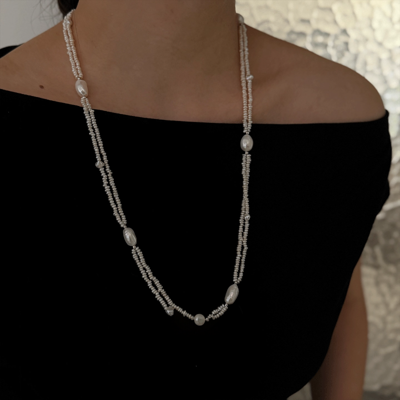 天然巴洛克珍珠项链女双层叠戴颈链长款毛衣链锁骨链精致优雅颈饰