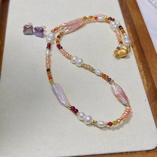 轻奢彩色巴洛克珍珠项链女设计师小众天然珍珠颈链精致串珠颈饰