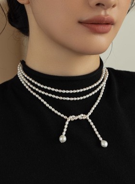 天然淡水珍珠项链女多层叠戴设计感小众白色珍珠颈链气质系带优雅