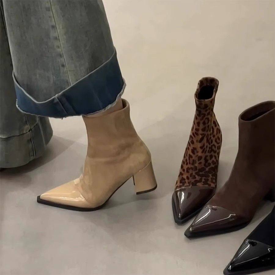 法式显瘦弹力短靴女2025新款春秋小香风尖头粗跟瘦瘦靴女高跟靴子,女鞋,马丁靴,淘宝优惠券,粉丝福利购,淘宝优惠卷